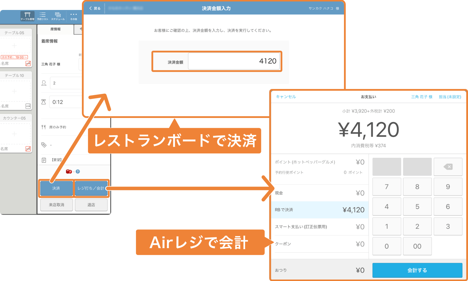 レストラボード テーブル管理 決済金額入力