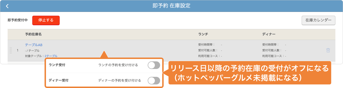 レストランボード 即予約在庫設定