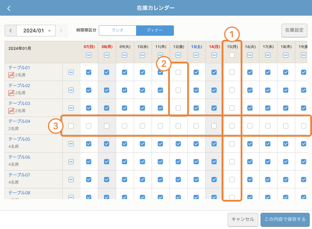 レストランボード 在庫カレンダー