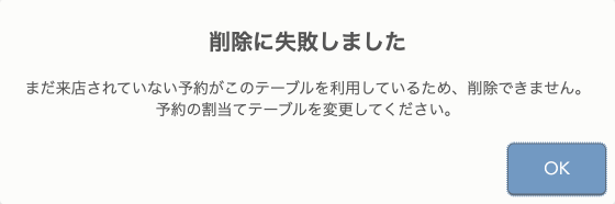 削除に失敗しました まだ来店されていない予約がこのテーブルを利用しているため、削除できません。予約の割当てテーブルを変更してください