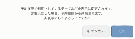 予約在庫で利用されているテーブルが非表示に変更されます。非表示にした場合、予約在庫から削除されます。非表示にしてよろしいですか？