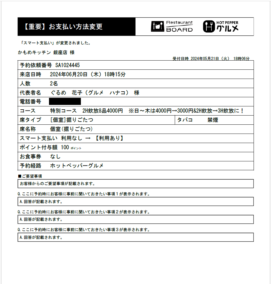 ホットペッパーグルメ 即予約 お店に届く変更通知FAX