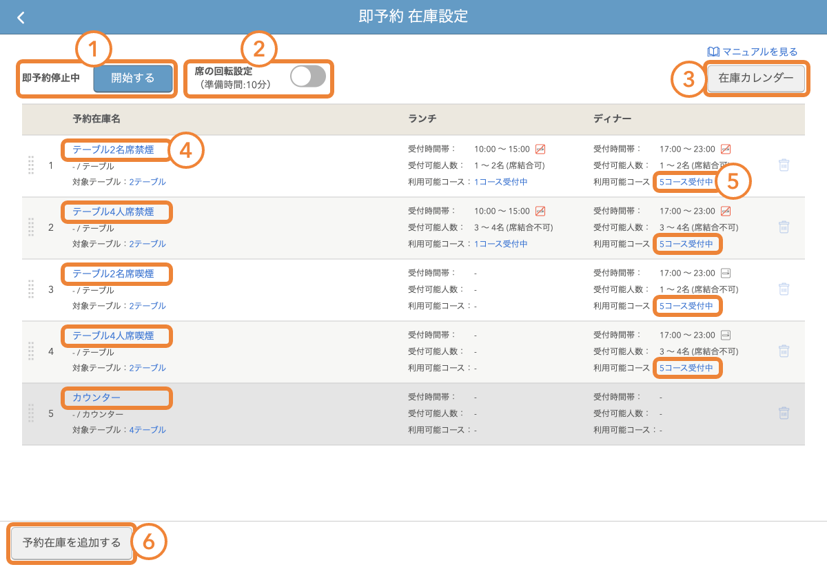 レストランボード 即予約在庫設定