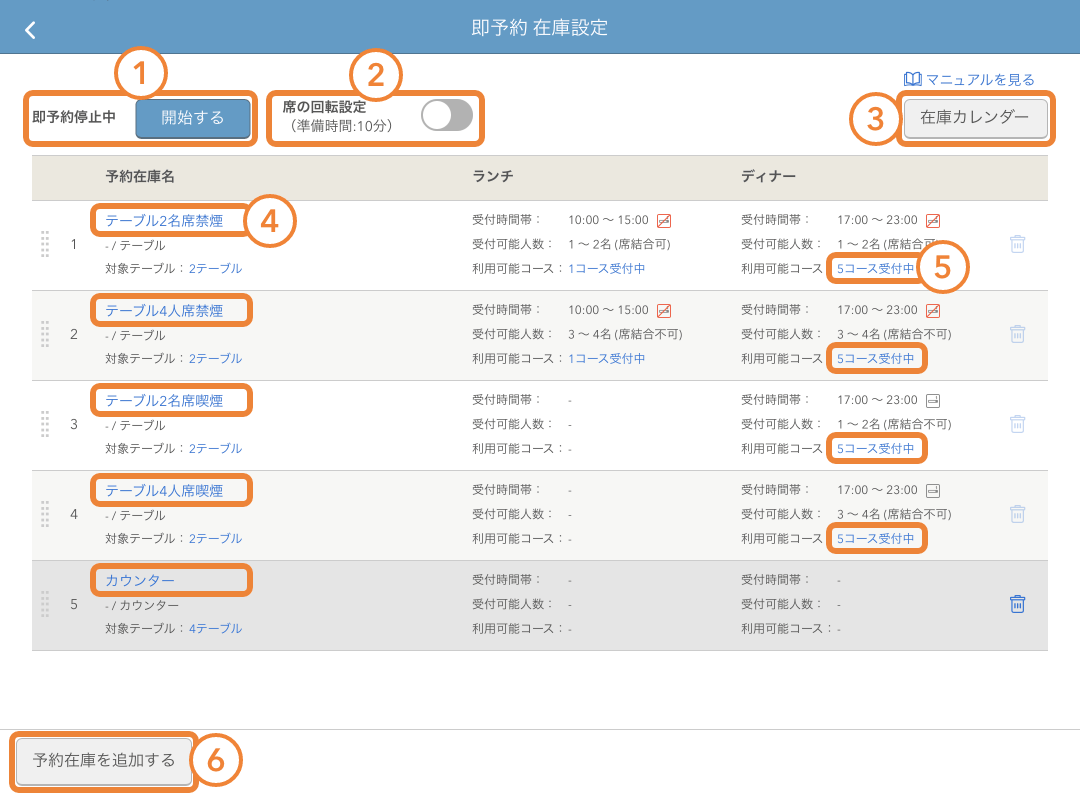 レストランボード 即予約在庫設定