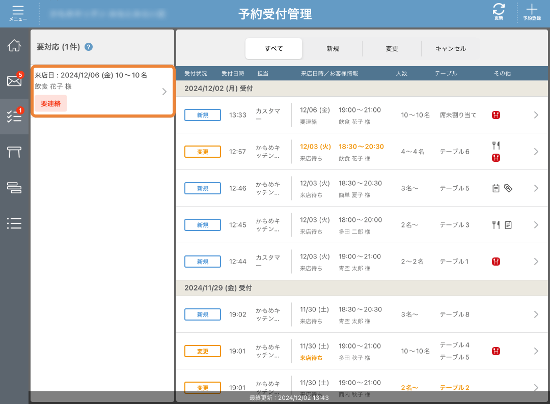 レストランボード 予約受付管理 要対応