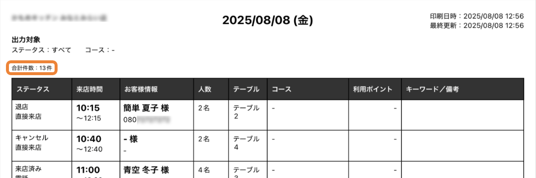 レストランボード 予約リスト画面 PDF
