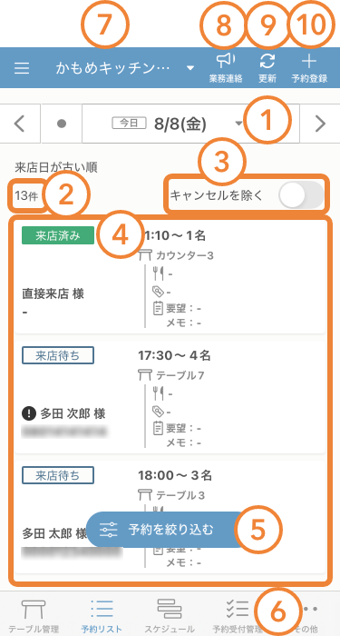 レストランボード 予約リスト