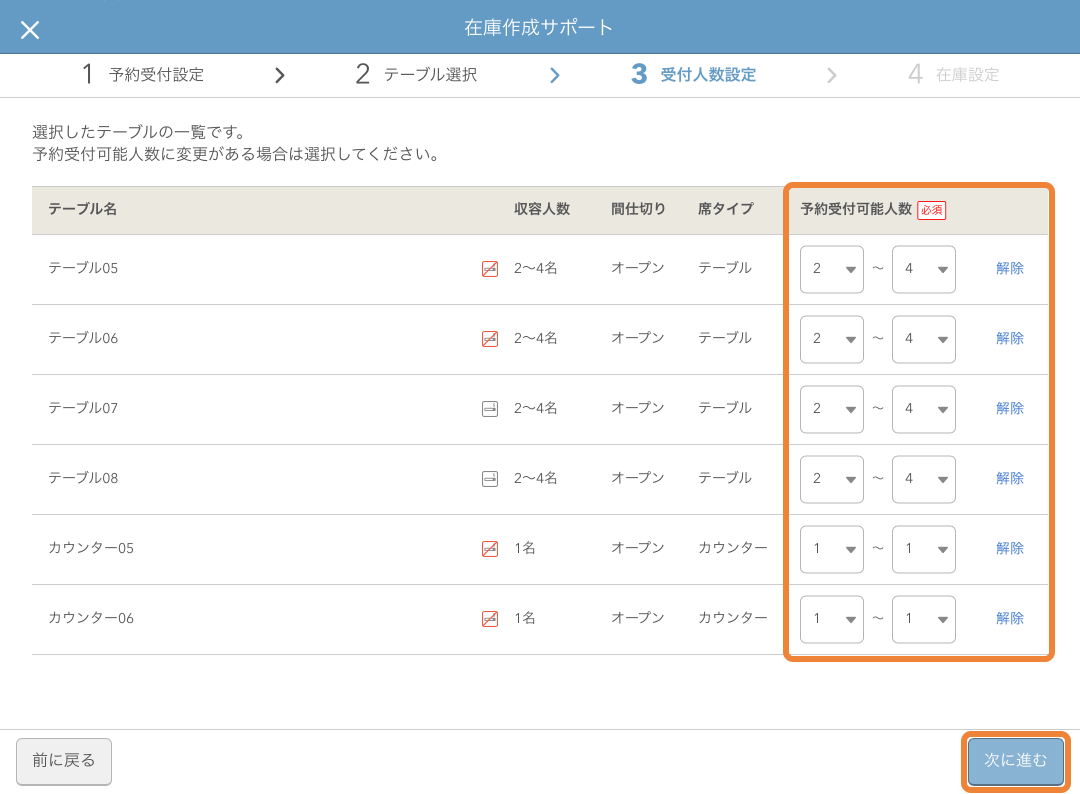 レストランボード 在庫作成サポート画面 3 受付人数設定