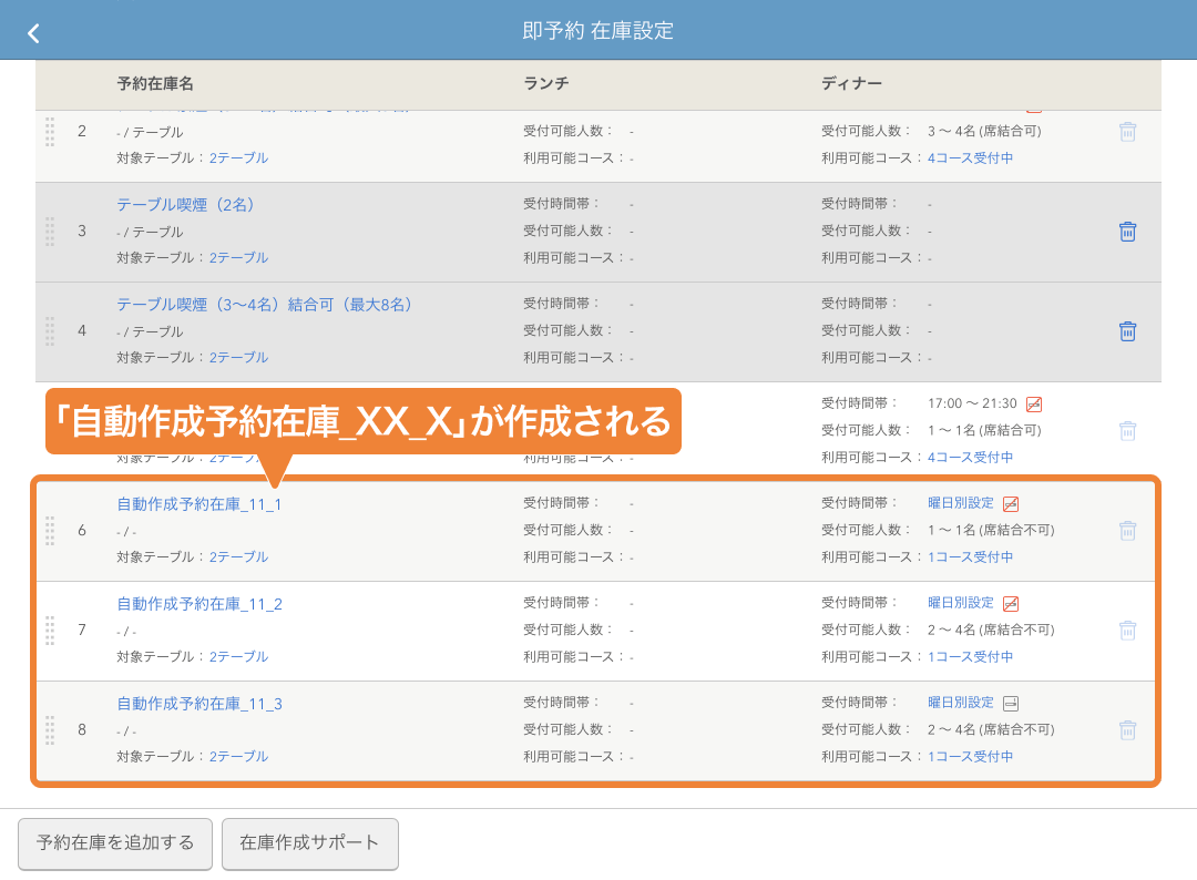 レストランボード 即予約在庫設定画面