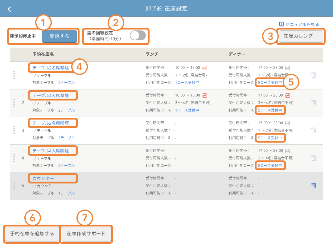 レストランボード 即予約在庫設定