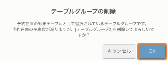 レストランボード テーブルグループの削除 予約在庫の対象テーブルとして選択されているテーブルグループです。予約在庫の在庫数が減りますが、［テーブルグループ名］を削除してよろしいですか
