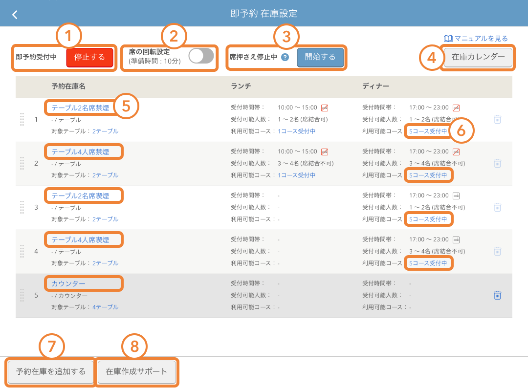 レストランボード 即予約在庫設定