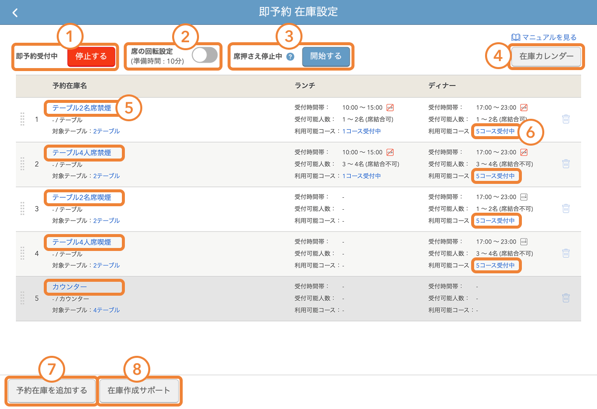 レストランボード 即予約在庫設定