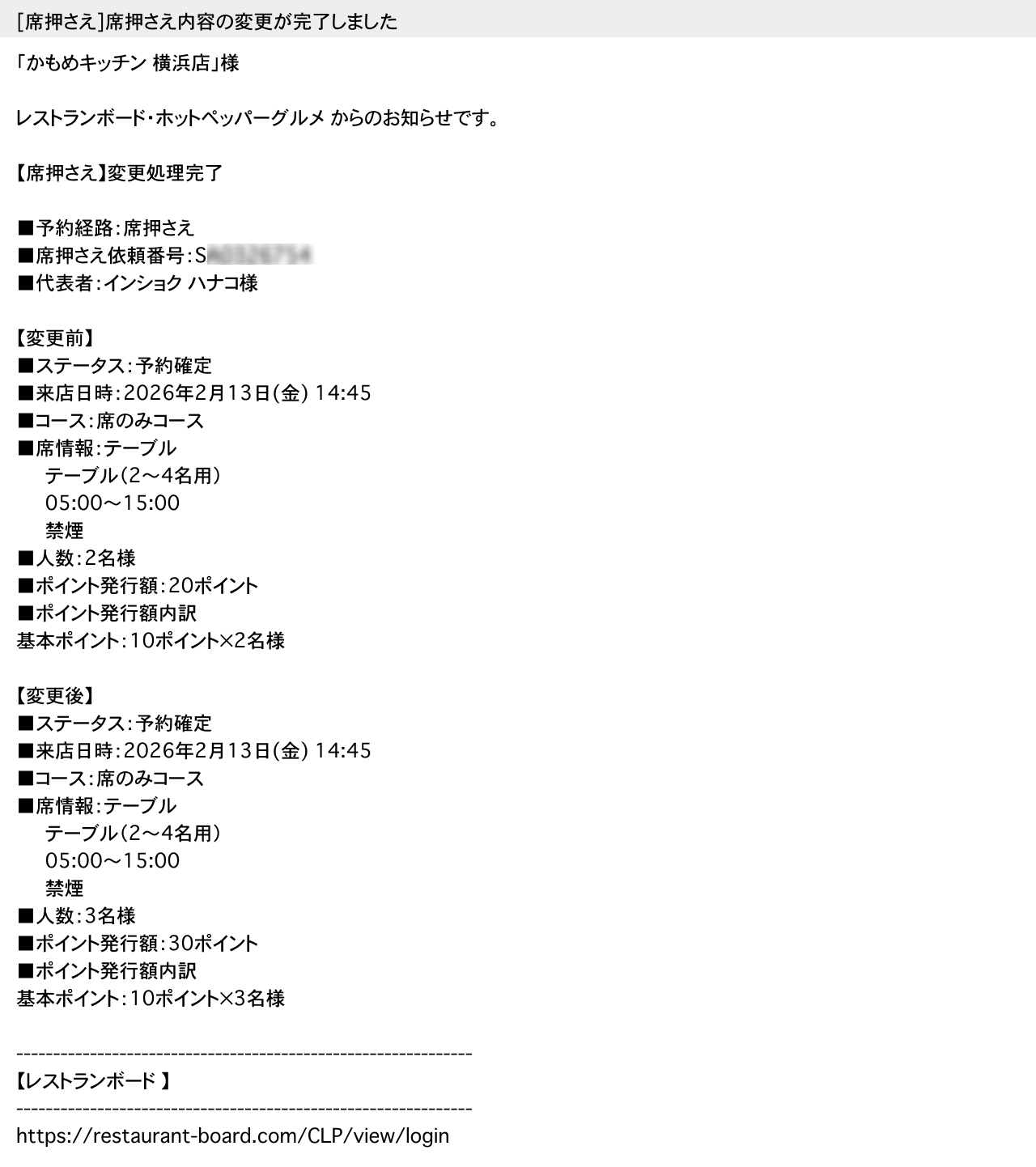 ホットペッパーグルメ 直前席押さえ お店に届く変更通知メール ［席押さえ］予約内容の変更が完了しました