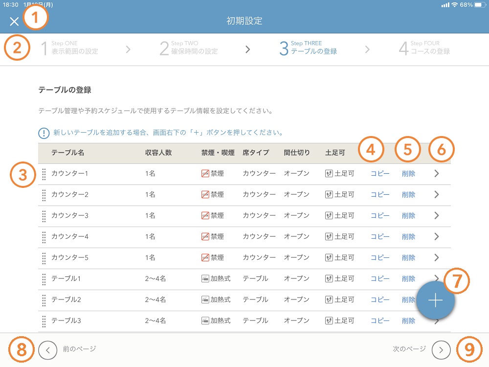 レストランボード 初期設定画面 テーブルの登録