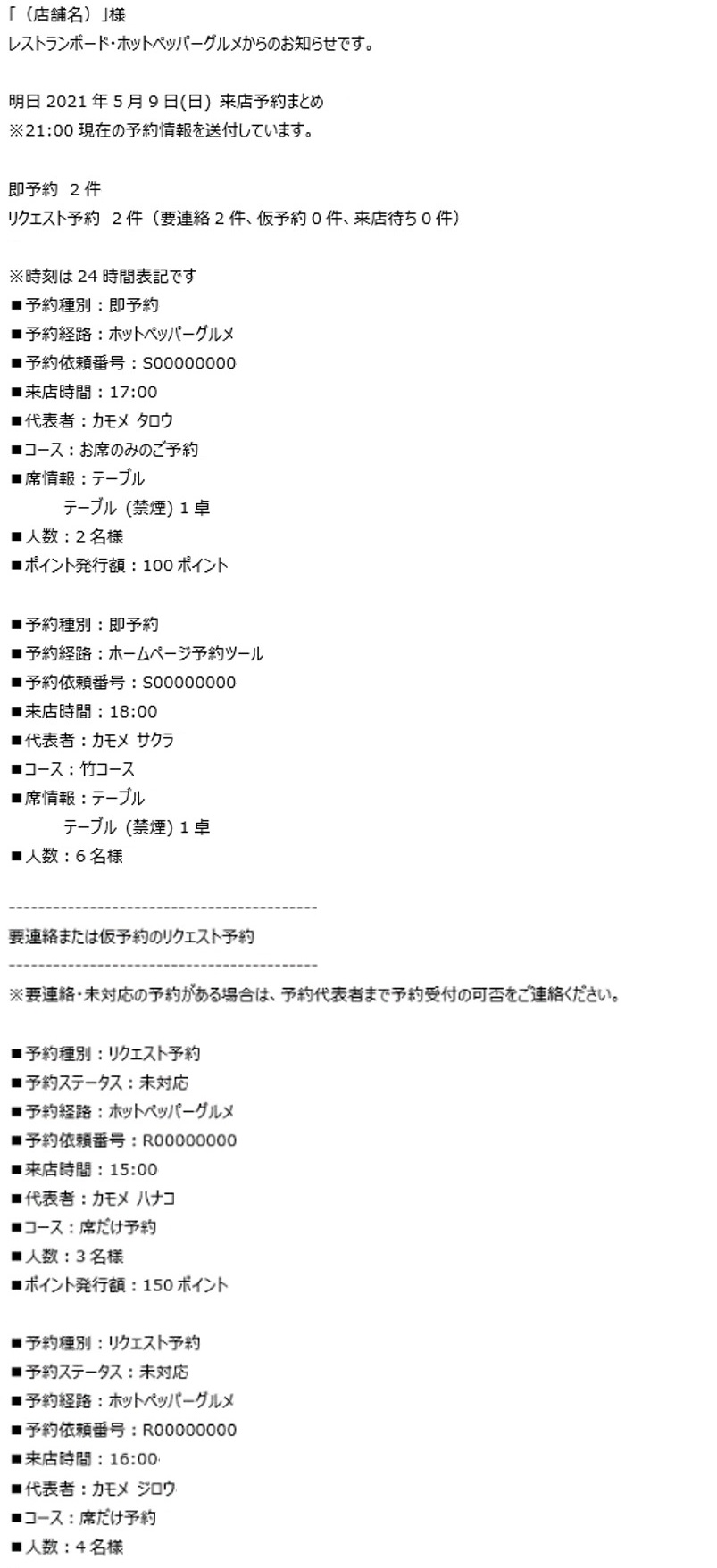 レストランボード 通知メール 明日の予約のお知らせ